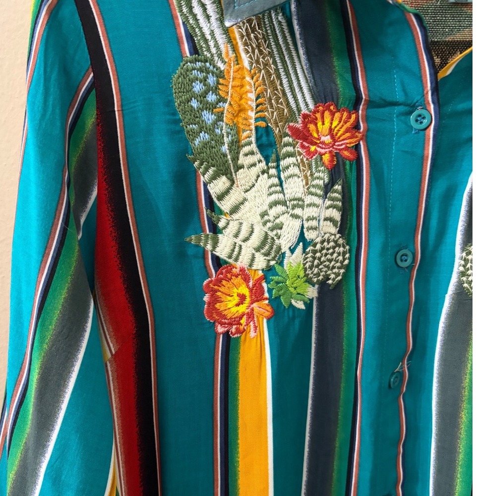 April Sky Embroidered Cactus Serape Stripe Maxi Shirt Dress Boho Western M - Picture 5 of 11